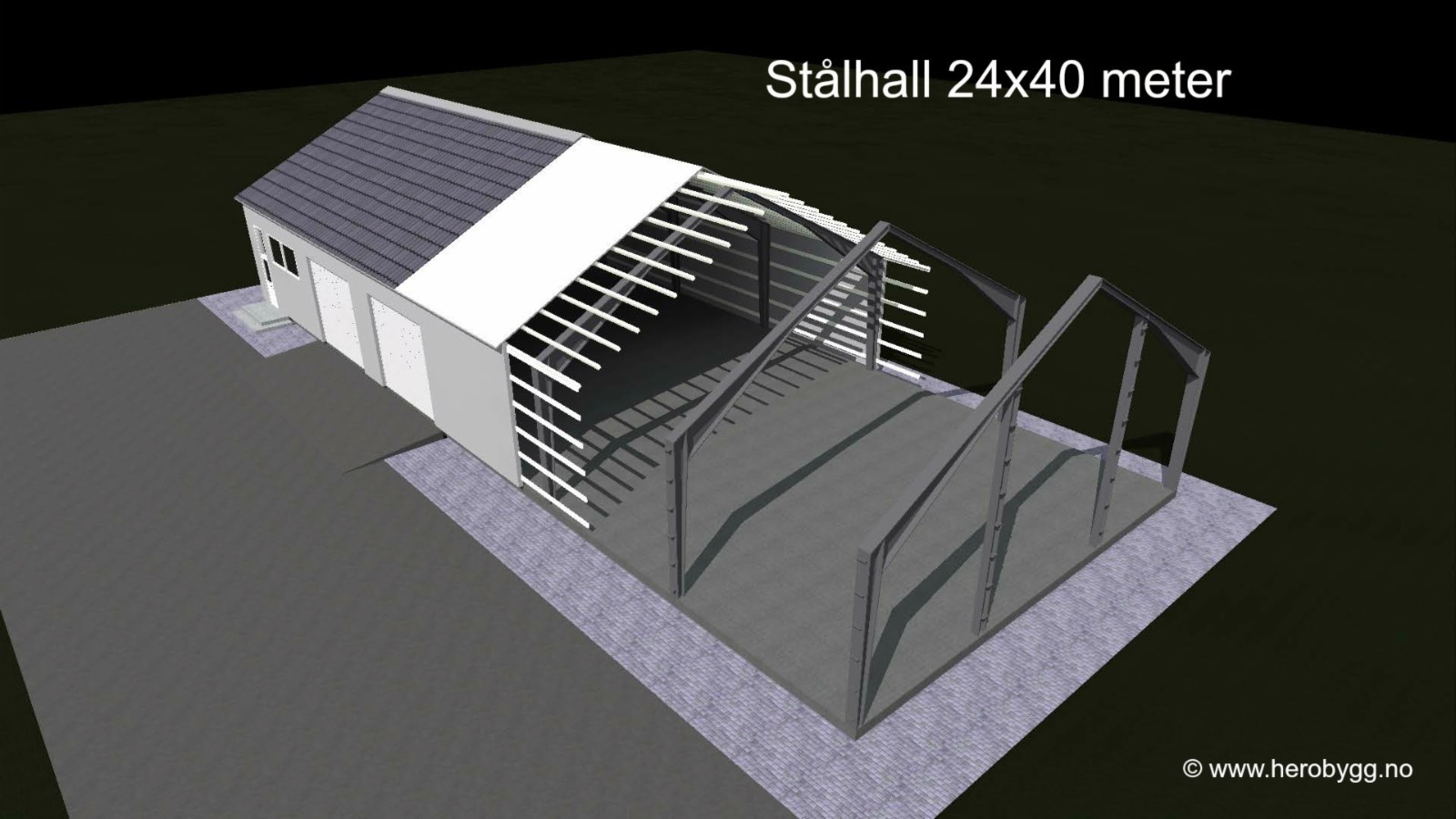 2 Stålhall 24x40 meter i fugleperspektiv